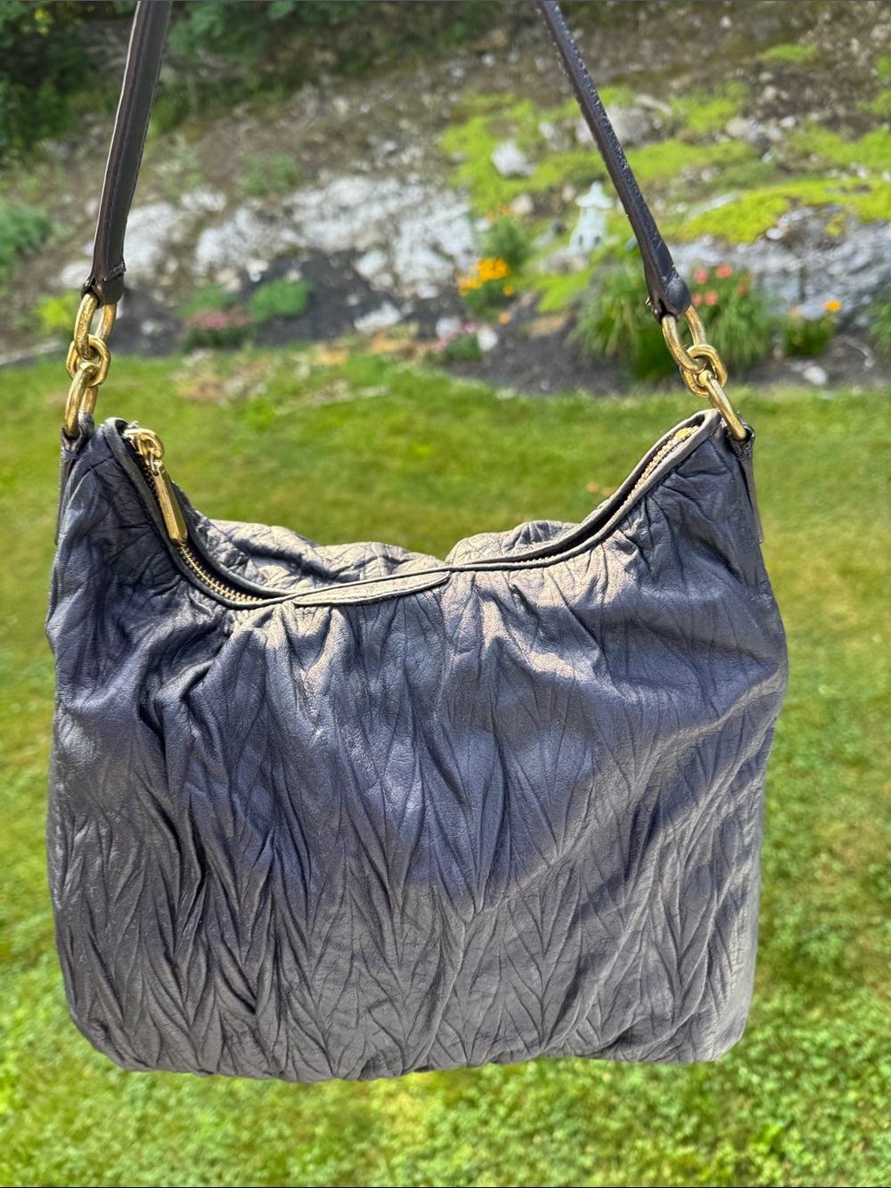 Coach Slate Gray Ruched Leather Shoulder Bag with Gold Hardware